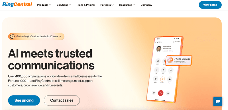 Screenshot of RingCentral's website homepage