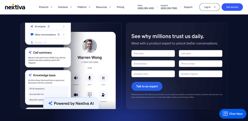 Screenshot of Nextiva's website landing page