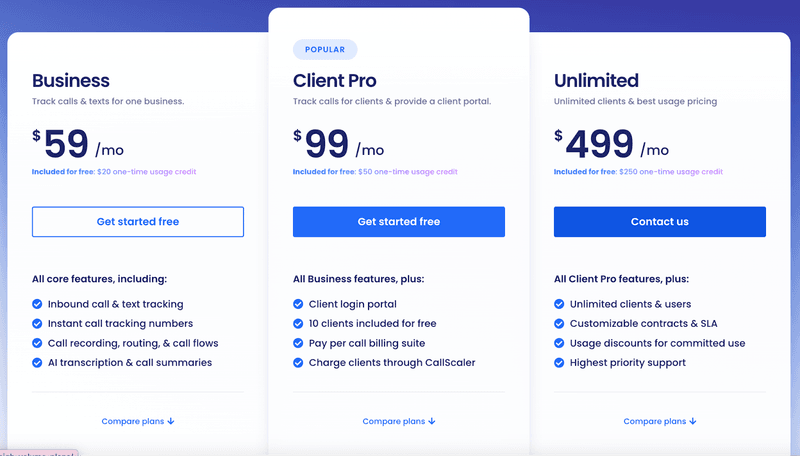 Monthly pricing plans for CallScaler