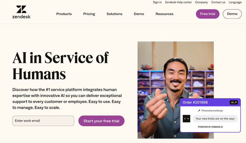 Screenshot of Zendesk's website homepage