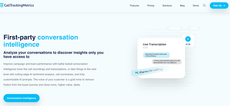 CallTrackingMetrics first-party conversation intelligence with live transcription and AI tools.