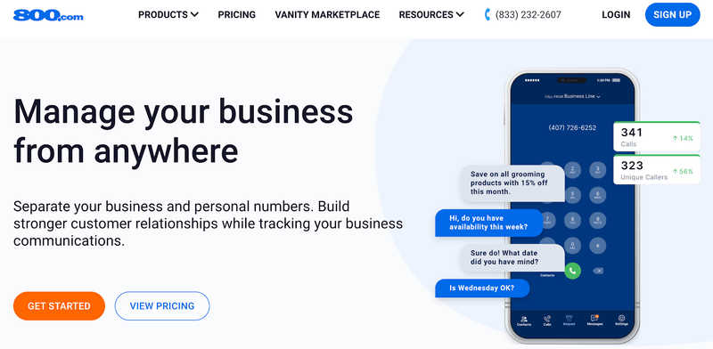 Screenshot of 800.com's homepage